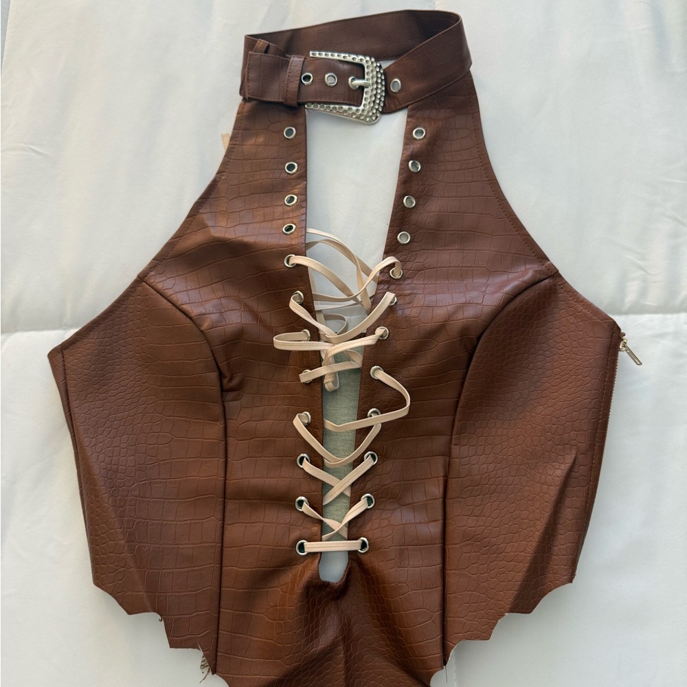 Brown Faux Leather Lace-Up Halter Top